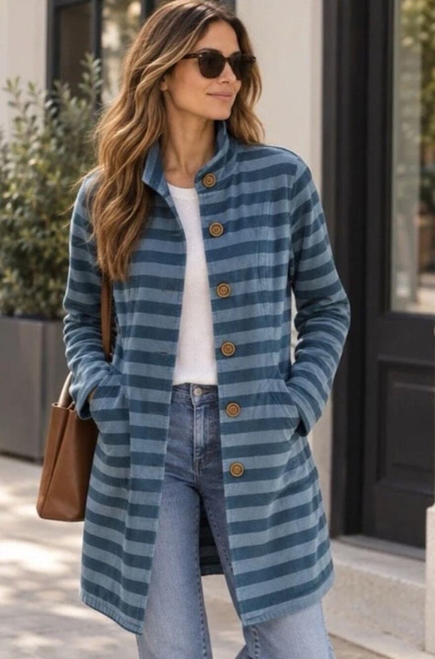 Matilda Jane Fall Breeze Blue blue Striped Jacket high collar pockets medium